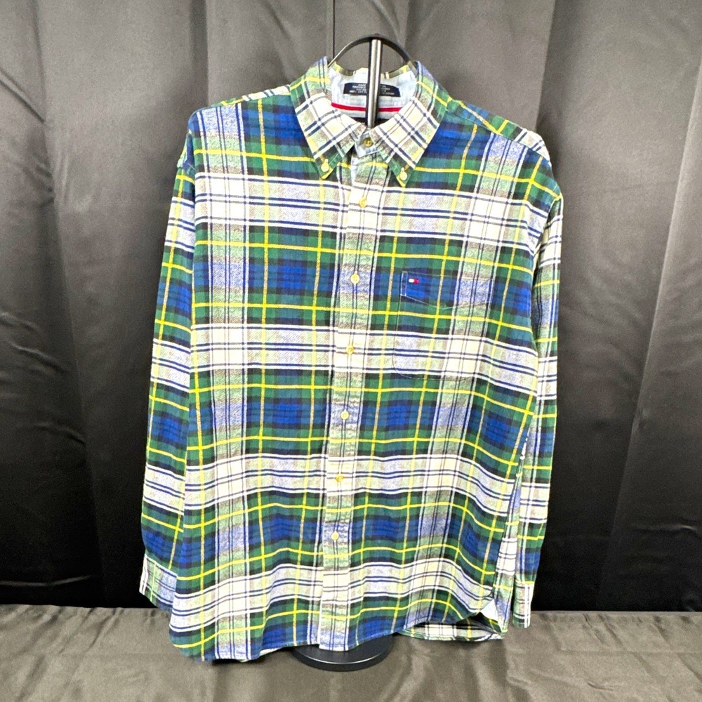 Tommy Hilfiger Mens L Cotton Flannel Plaid Long Slv Button-Down Shirt (1283)